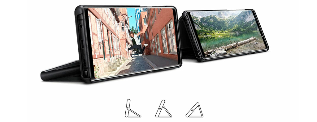 Чехол Samsung Note 9 Clear view удобно расположить горизонтально в качестве подставки для просмотра видео на телефоне