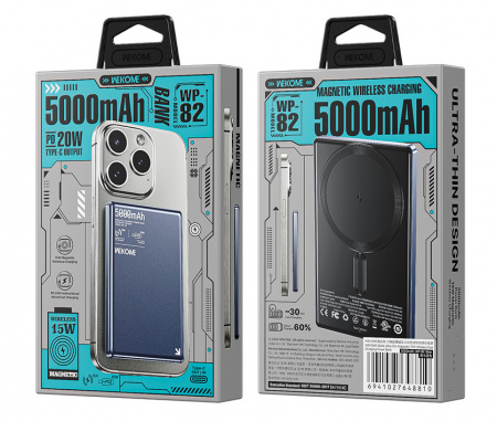 Купить Wekome Blade Ultra-Thin Magnetic Wireless Power Bank 15W 5000 mAh Type-C (WP-82) Blue