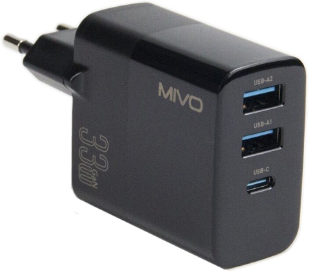 Mivo MP-300Q Quick Charger 33W GaN (2 USB+1 Type-C)